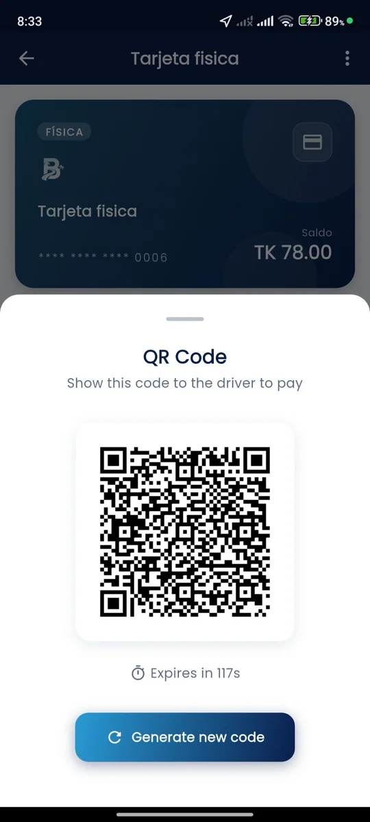Pago con código QR en la app BUSSKM: el código vence en segundos y se genera uno nuevo