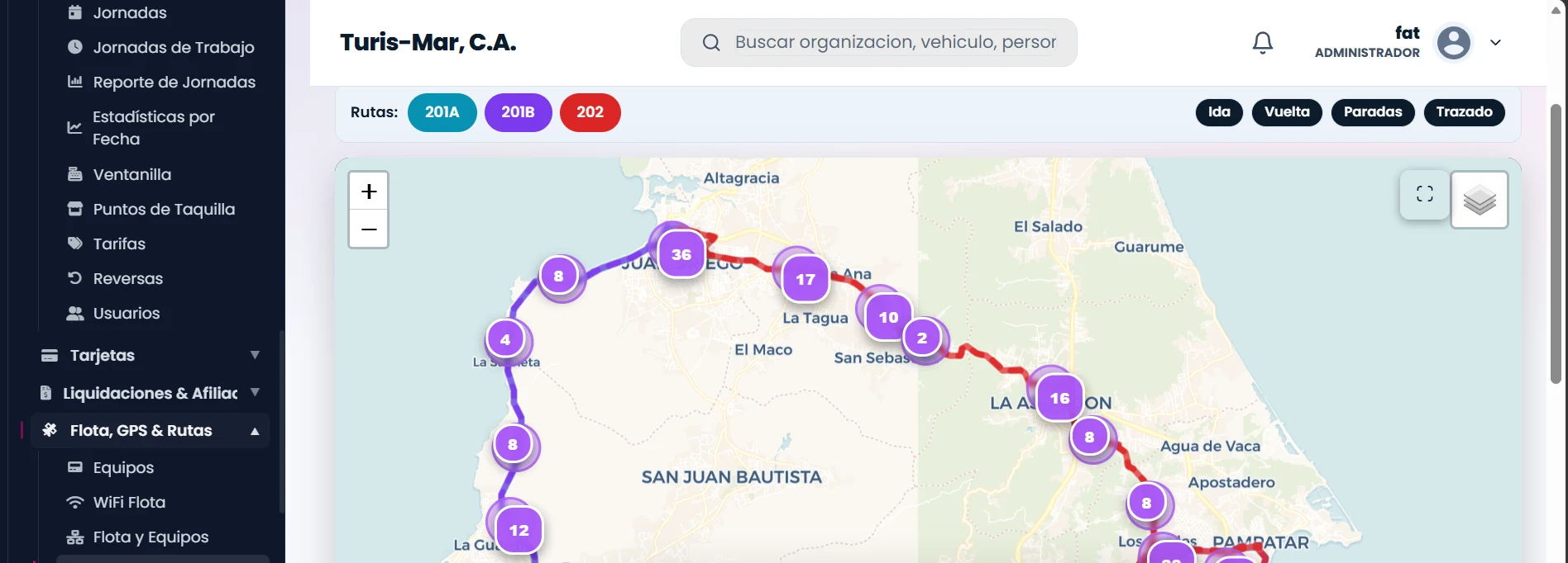 Mapa en vivo del SaaS BUSSKM con el rastreo en tiempo real de las unidades y paradas de las rutas de Turis-Mar